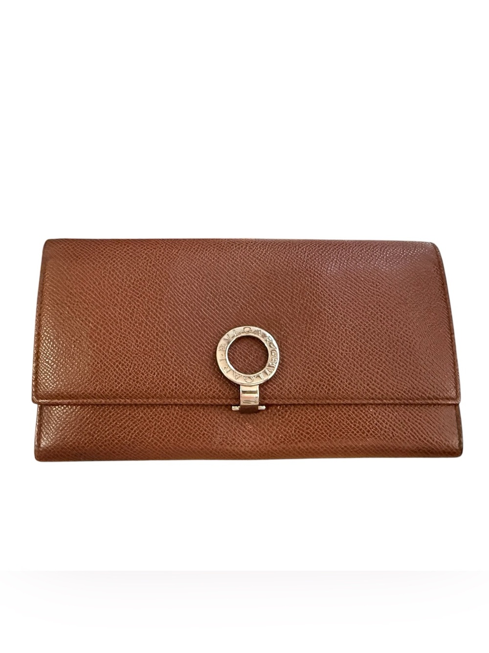 Authentic BVLGARI Brown Grained Leather Logo Clip Long Continental Wallet